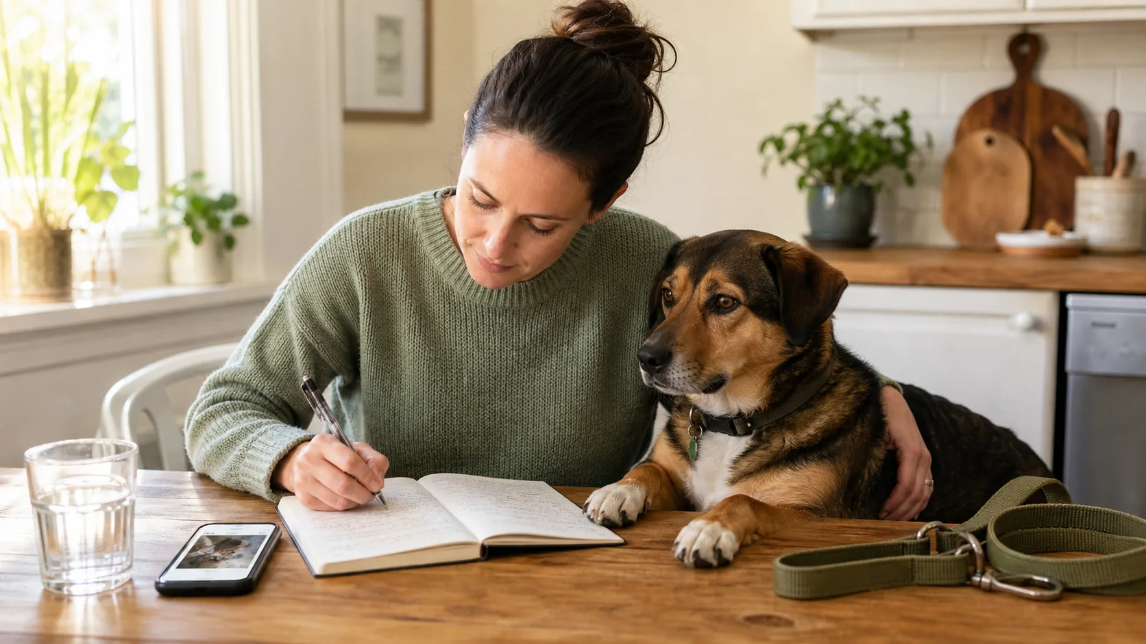 A pet owner writing dated observations beside their dog before a veterinary appointment