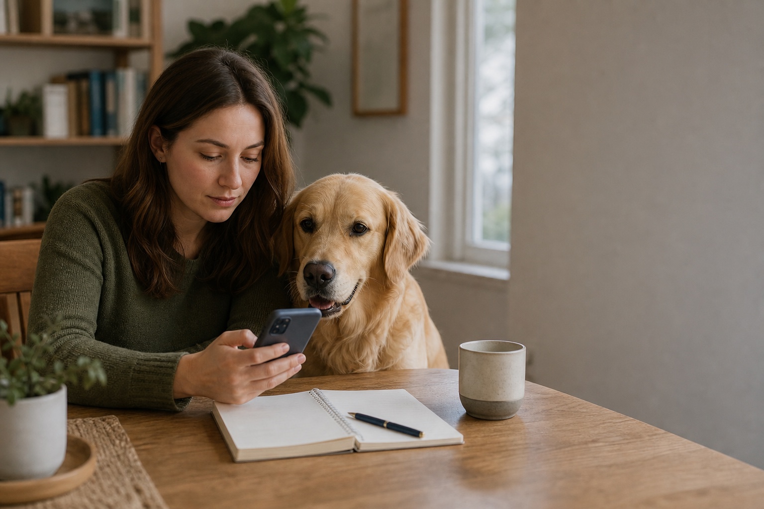 A pet owner reviewing notes beside her golden retriever